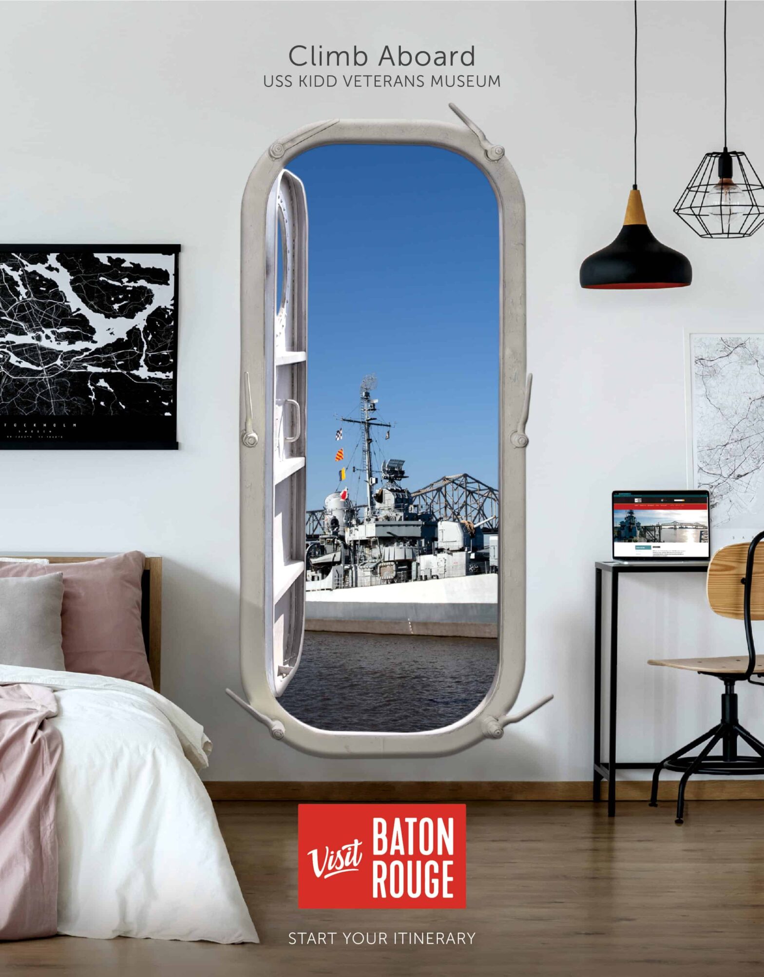 Poster ad. A ship door in a living room, captioned "Climb Aboard: USS Kidd Veterans Museum"