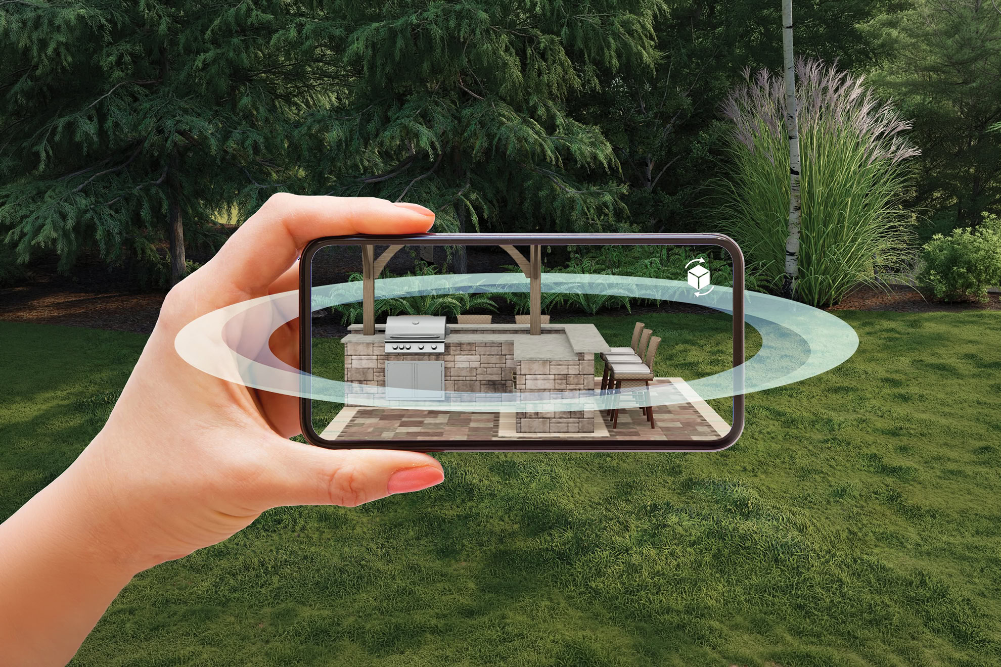 mockup of mobile phone usage with augmented reality hardscape technology showing preview of potential outdoor living space