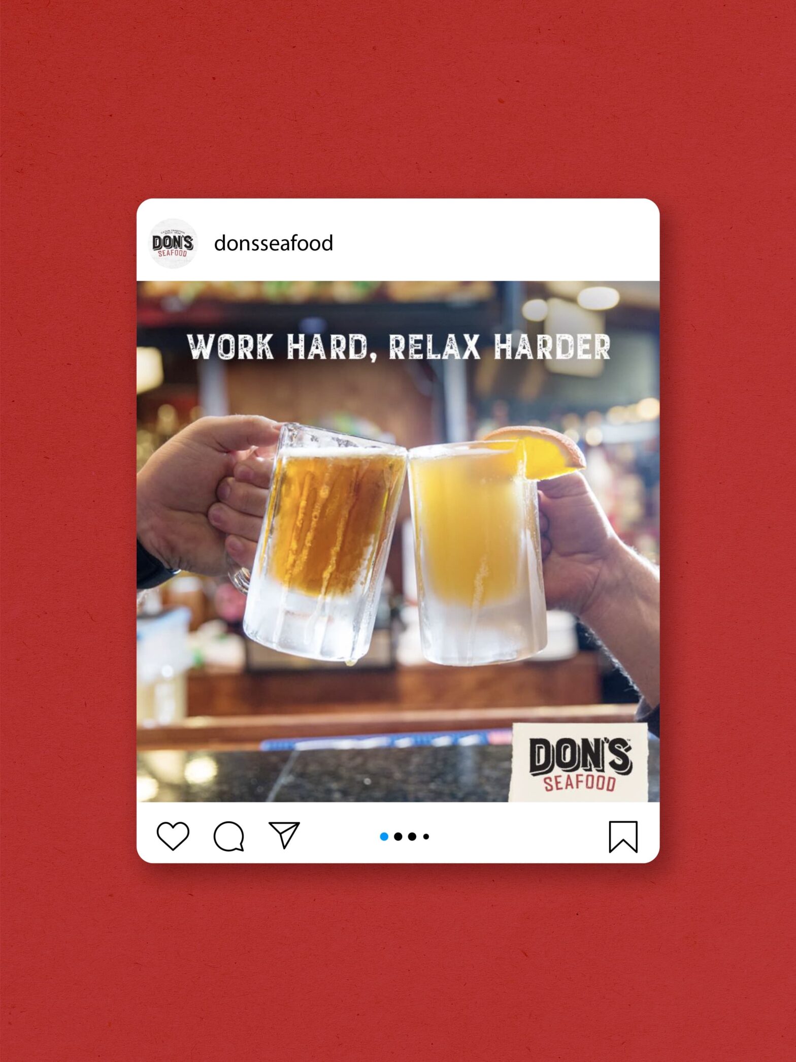 Instagram post. Photo: two beer mugs clinking together, caption: "Work hard, relax harder"
