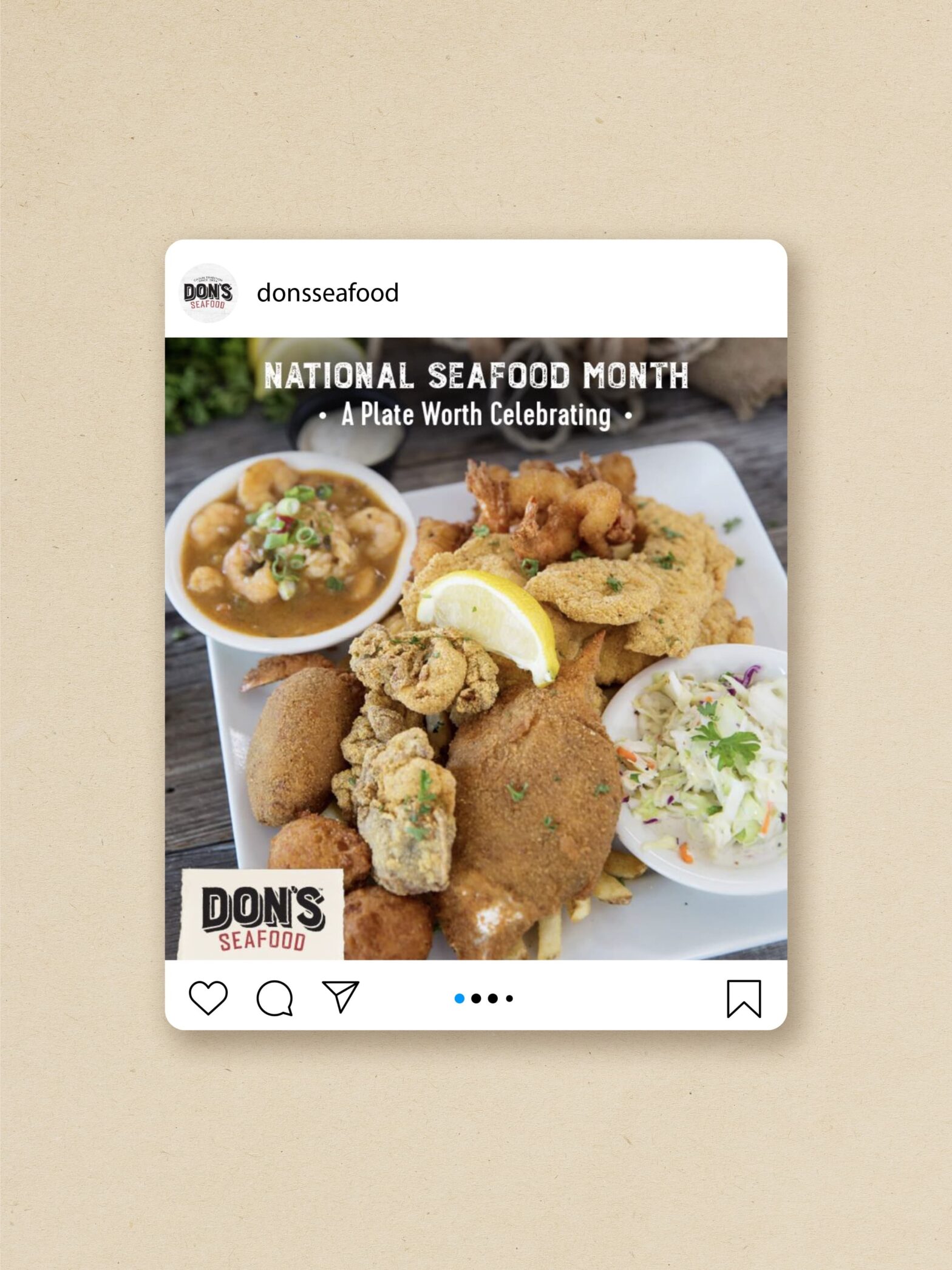 Instagram post. Photo: fried seafood platter, caption: "National Seafood Month: A Plate Worth Celebrating"
