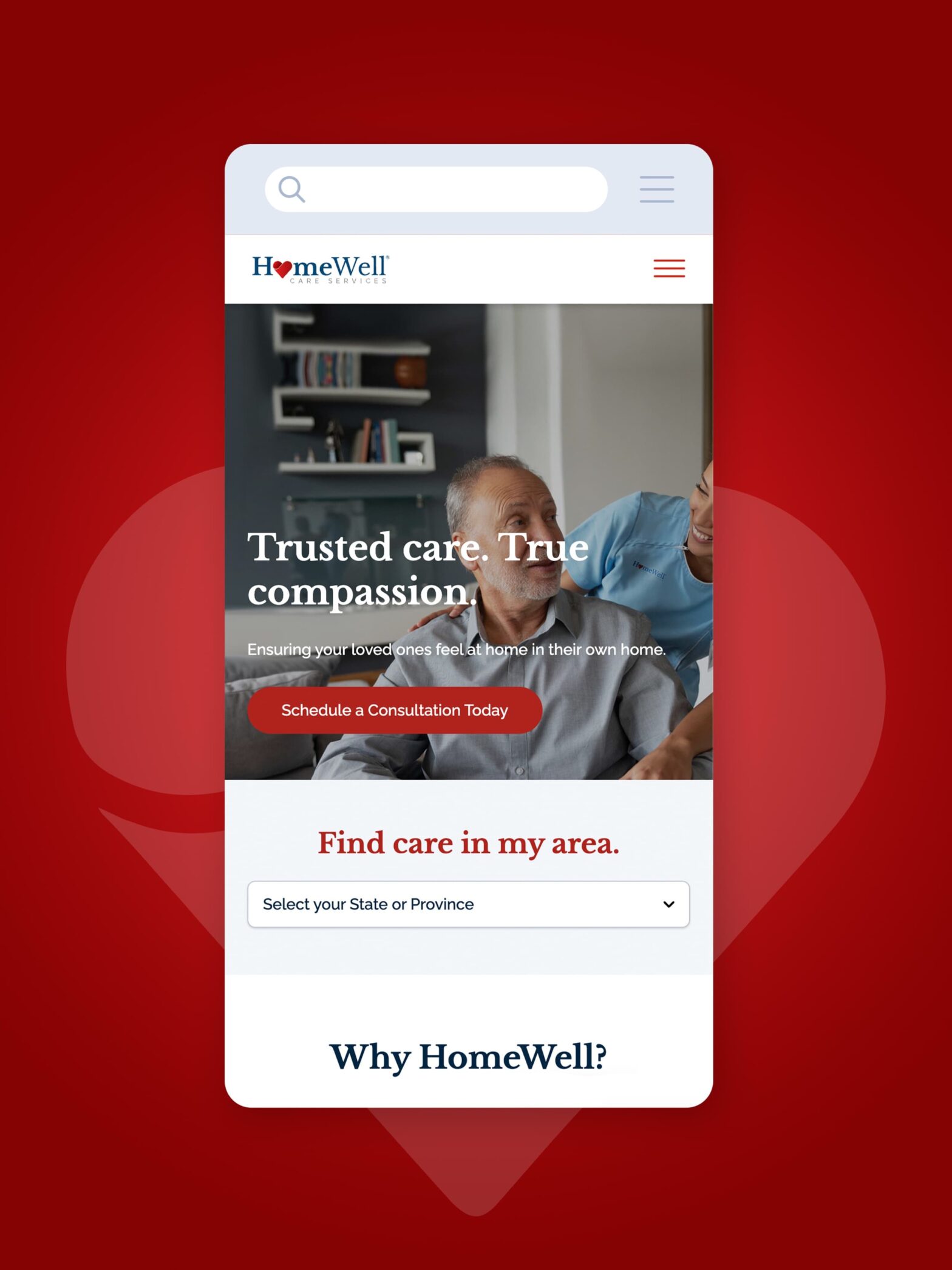 Mockup of Homewellcares.com homepage.
