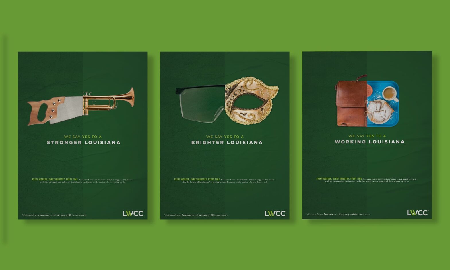 Mockup of 3 LWCC print ads with photo illustrations of work and culture images.