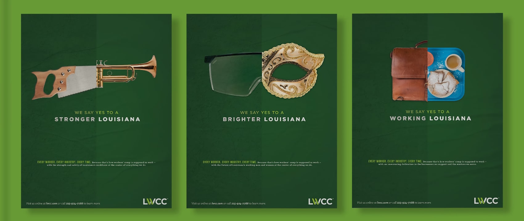 Mockup of 3 LWCC print ads with photo illustrations of work and culture images.